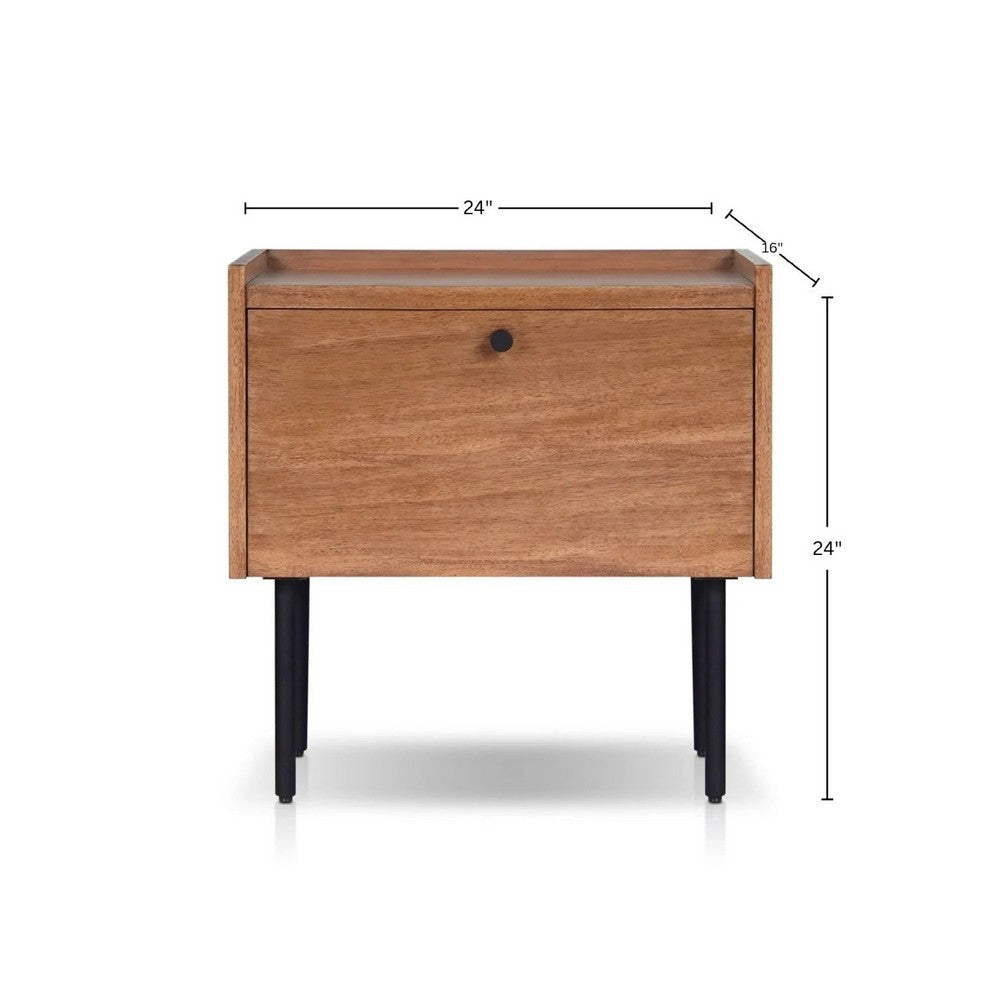 Benjara Noah Nightstand with 1 Drawer, Black Metal Legs, Chestnut Brown