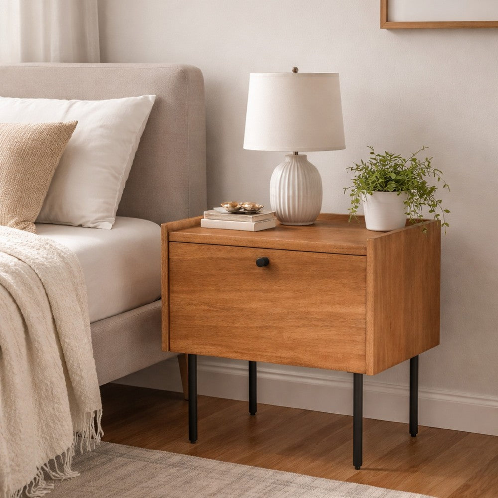 Benjara Noah Nightstand with 1 Drawer, Black Metal Legs, Chestnut Brown