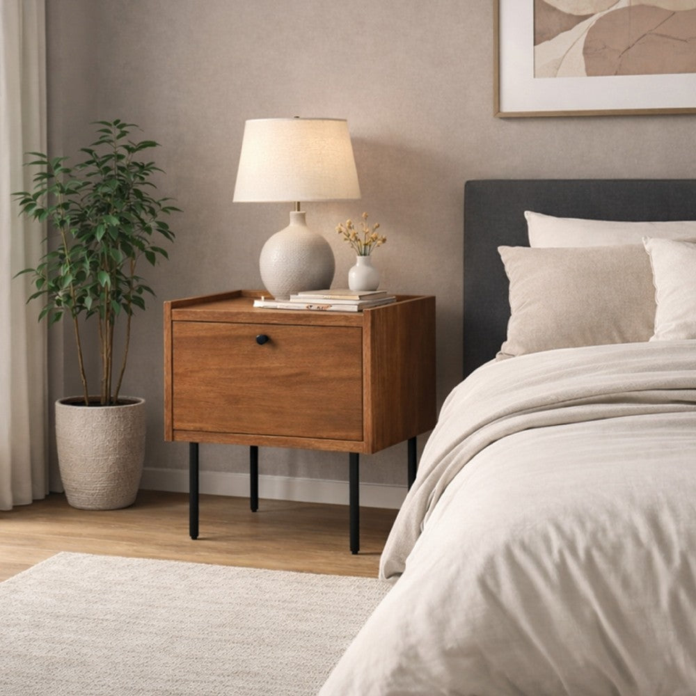 Benjara Noah Nightstand with 1 Drawer, Black Metal Legs, Chestnut Brown