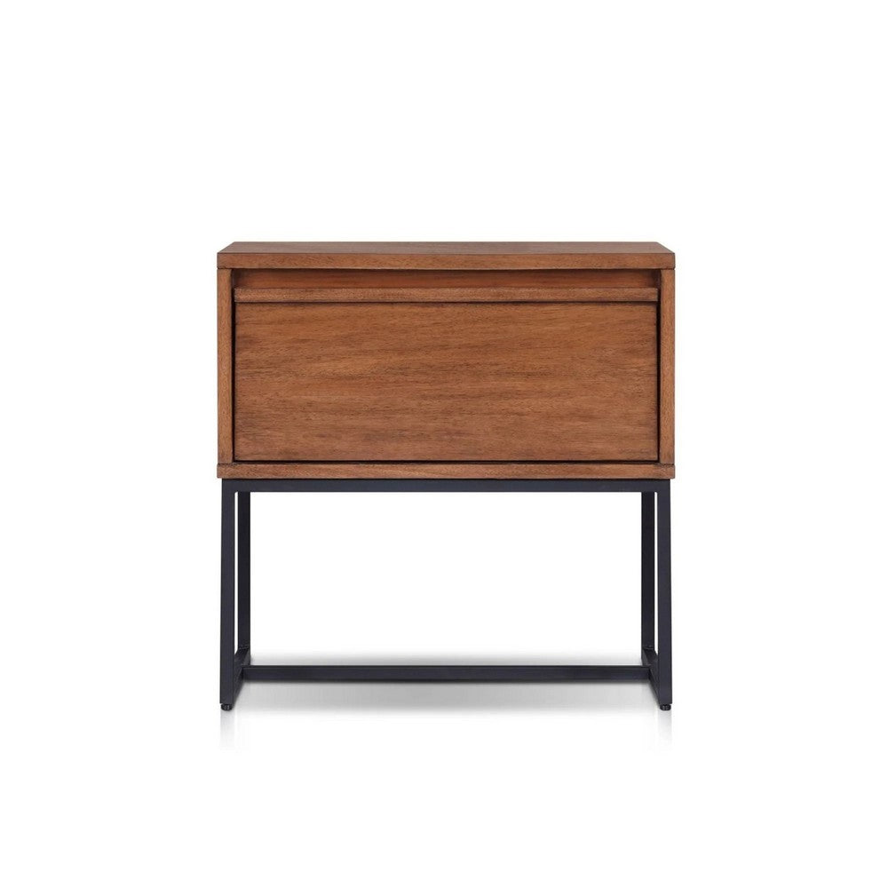 Benjara Rya Nightstand with 1 Drawer, Gray Metal Legs, Teak Brown