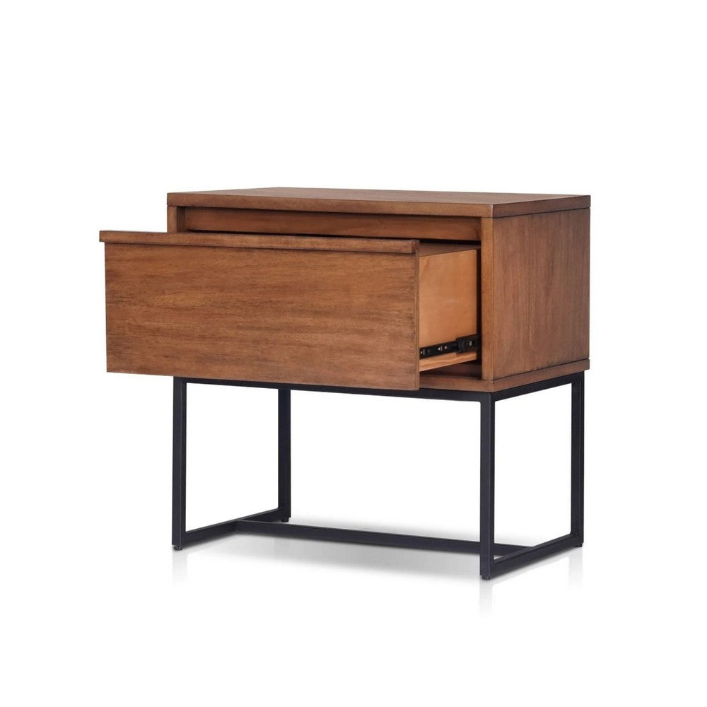 Benjara Rya Nightstand with 1 Drawer, Gray Metal Legs, Teak Brown