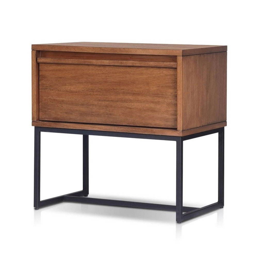 Benjara Rya Nightstand with 1 Drawer, Gray Metal Legs, Teak Brown