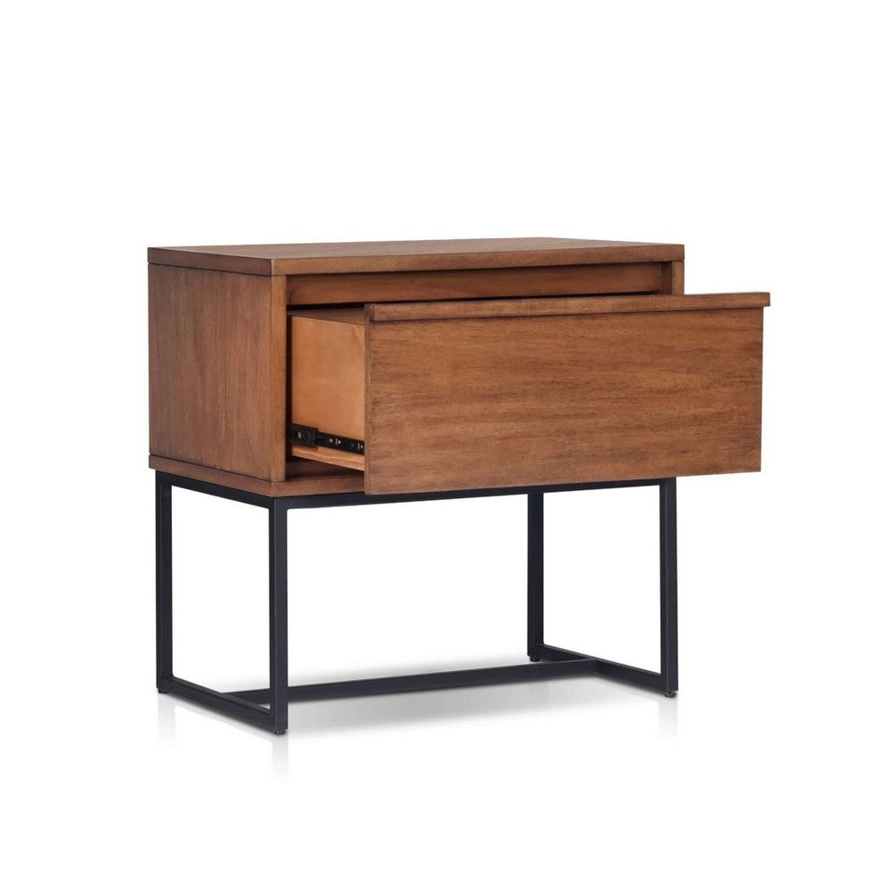 Benjara Rya Nightstand with 1 Drawer, Gray Metal Legs, Teak Brown