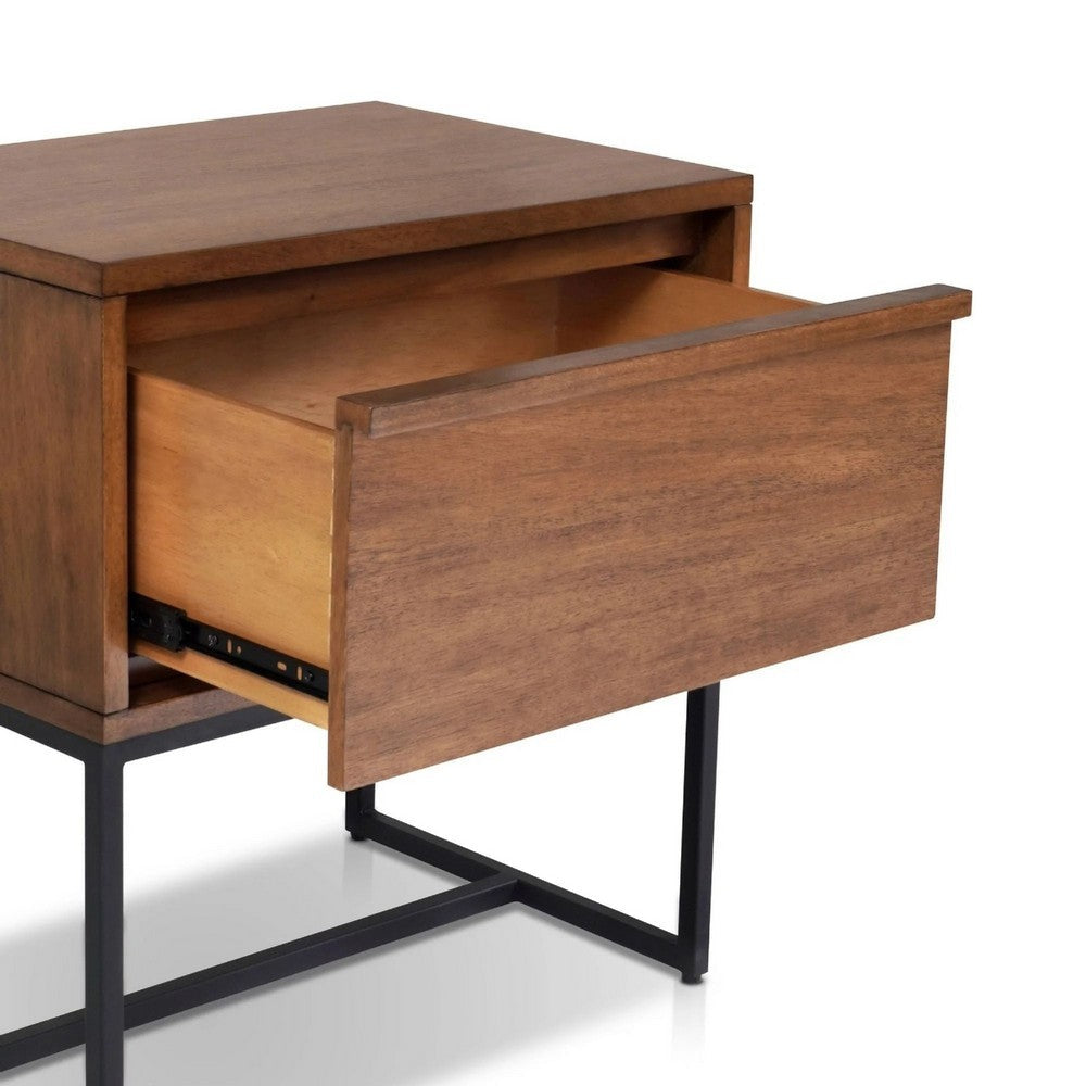 Benjara Rya Nightstand with 1 Drawer, Gray Metal Legs, Teak Brown