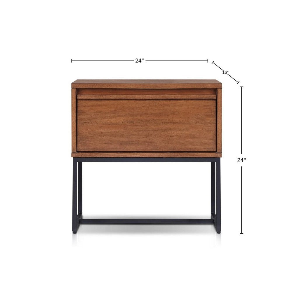 Benjara Rya Nightstand with 1 Drawer, Gray Metal Legs, Teak Brown