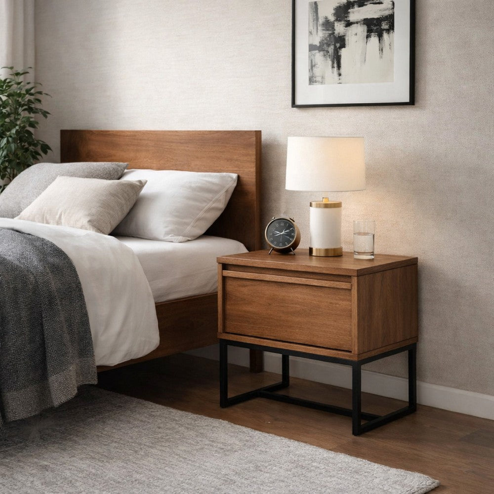 Benjara Rya Nightstand with 1 Drawer, Gray Metal Legs, Teak Brown