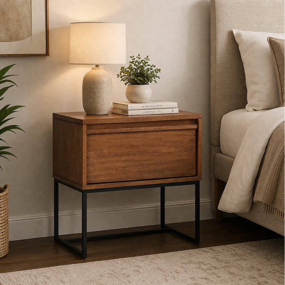 Benjara Rya Nightstand with 1 Drawer, Gray Metal Legs, Teak Brown