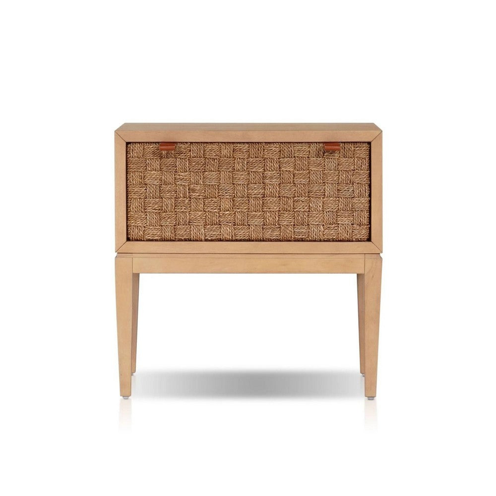 Benjara Rena Nightstand, 1 Drawer with Sea Grass Accent Front, Natural Brown