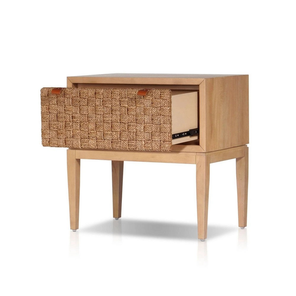 Benjara Rena Nightstand, 1 Drawer with Sea Grass Accent Front, Natural Brown