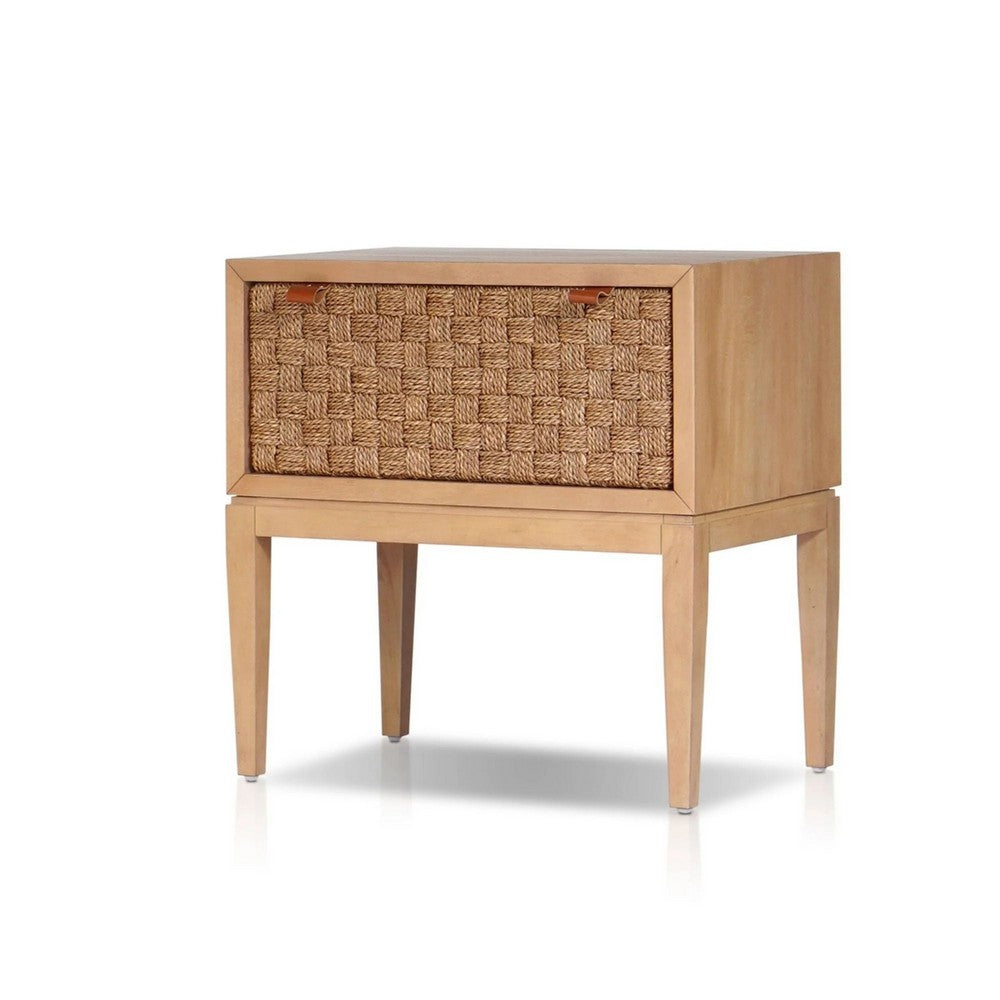 Benjara Rena Nightstand, 1 Drawer with Sea Grass Accent Front, Natural Brown