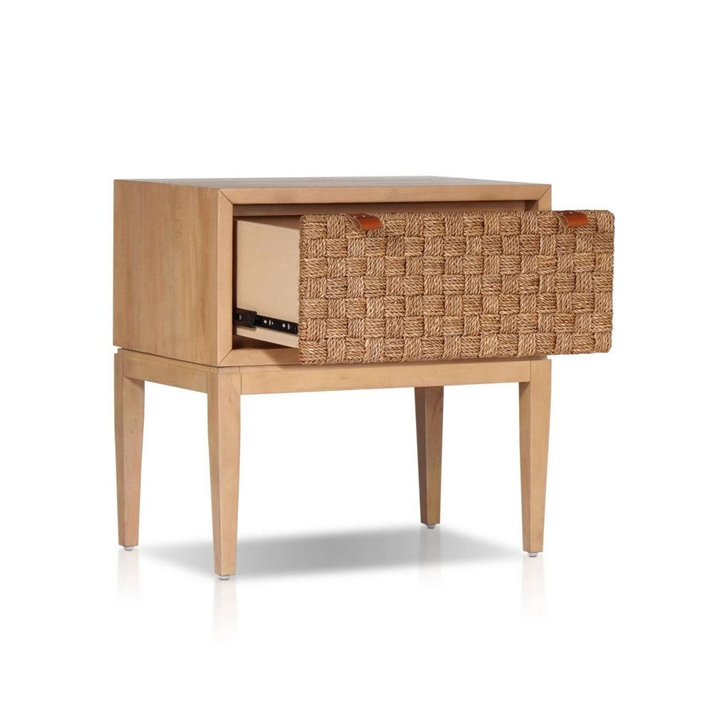 Benjara Rena Nightstand, 1 Drawer with Sea Grass Accent Front, Natural Brown