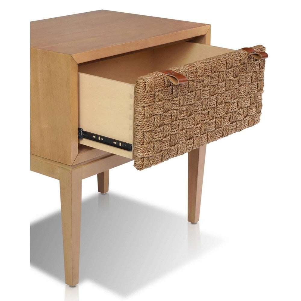 Benjara Rena Nightstand, 1 Drawer with Sea Grass Accent Front, Natural Brown