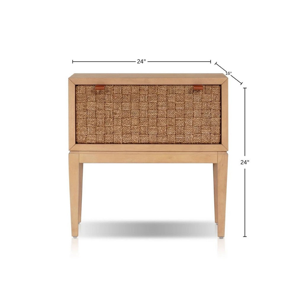 Benjara Rena Nightstand, 1 Drawer with Sea Grass Accent Front, Natural Brown