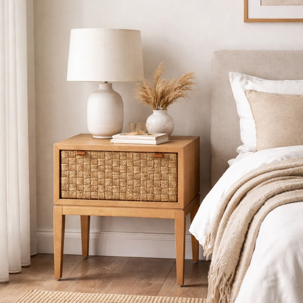 Benjara Rena Nightstand, 1 Drawer with Sea Grass Accent Front, Natural Brown