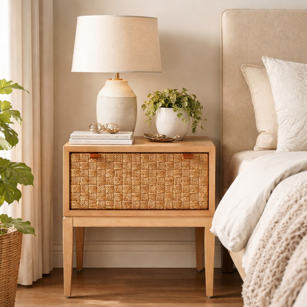 Benjara Rena Nightstand, 1 Drawer with Sea Grass Accent Front, Natural Brown