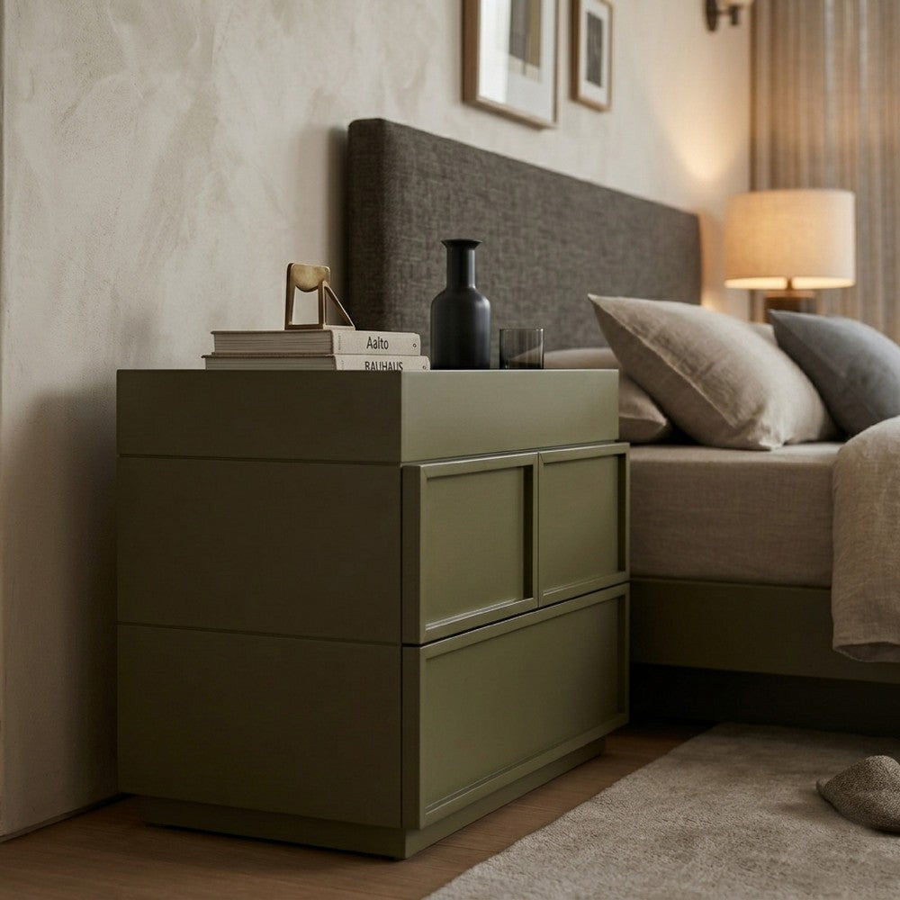 Benjara Sena Nightstand with Tray Top, 2 Soft Close Drawers, Olive Green