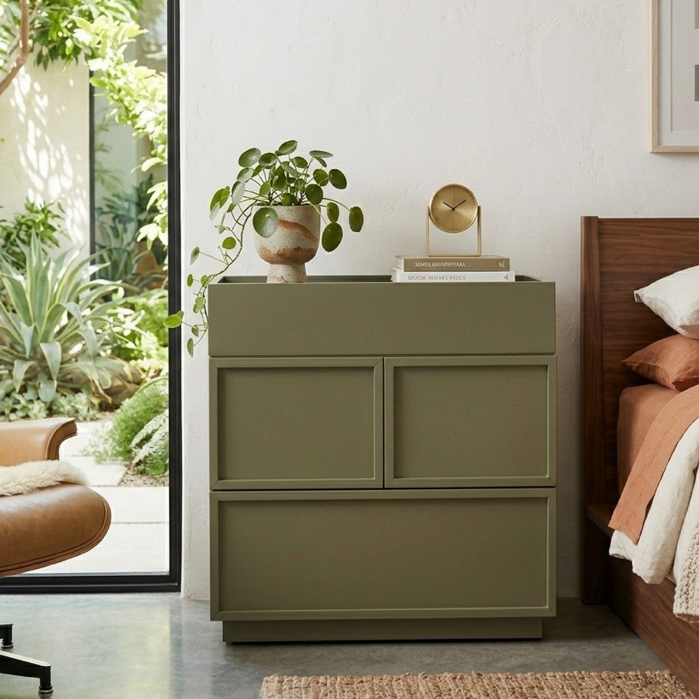 Benjara Sena Nightstand with Tray Top, 2 Soft Close Drawers, Olive Green