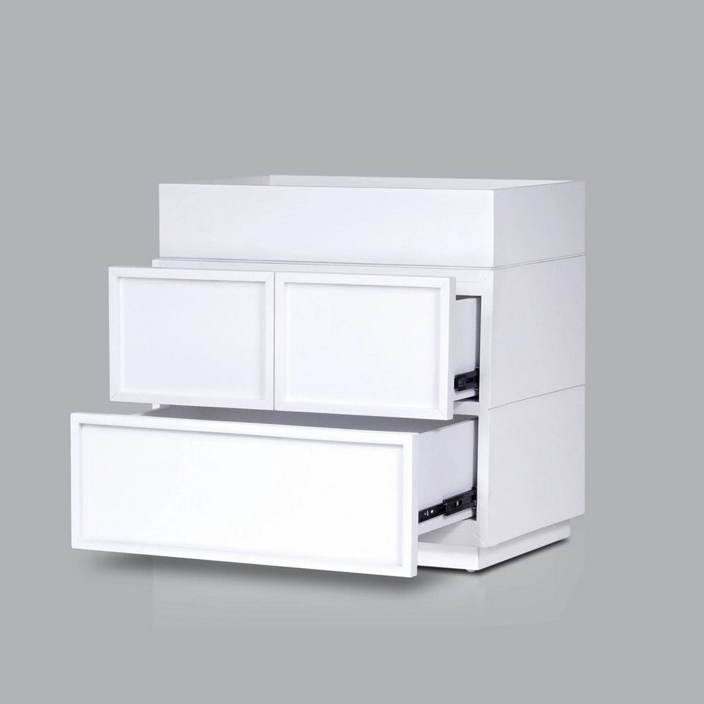 Benjara Sena Nightstand with Tray Top, 2 Soft Close Drawers, Glam White