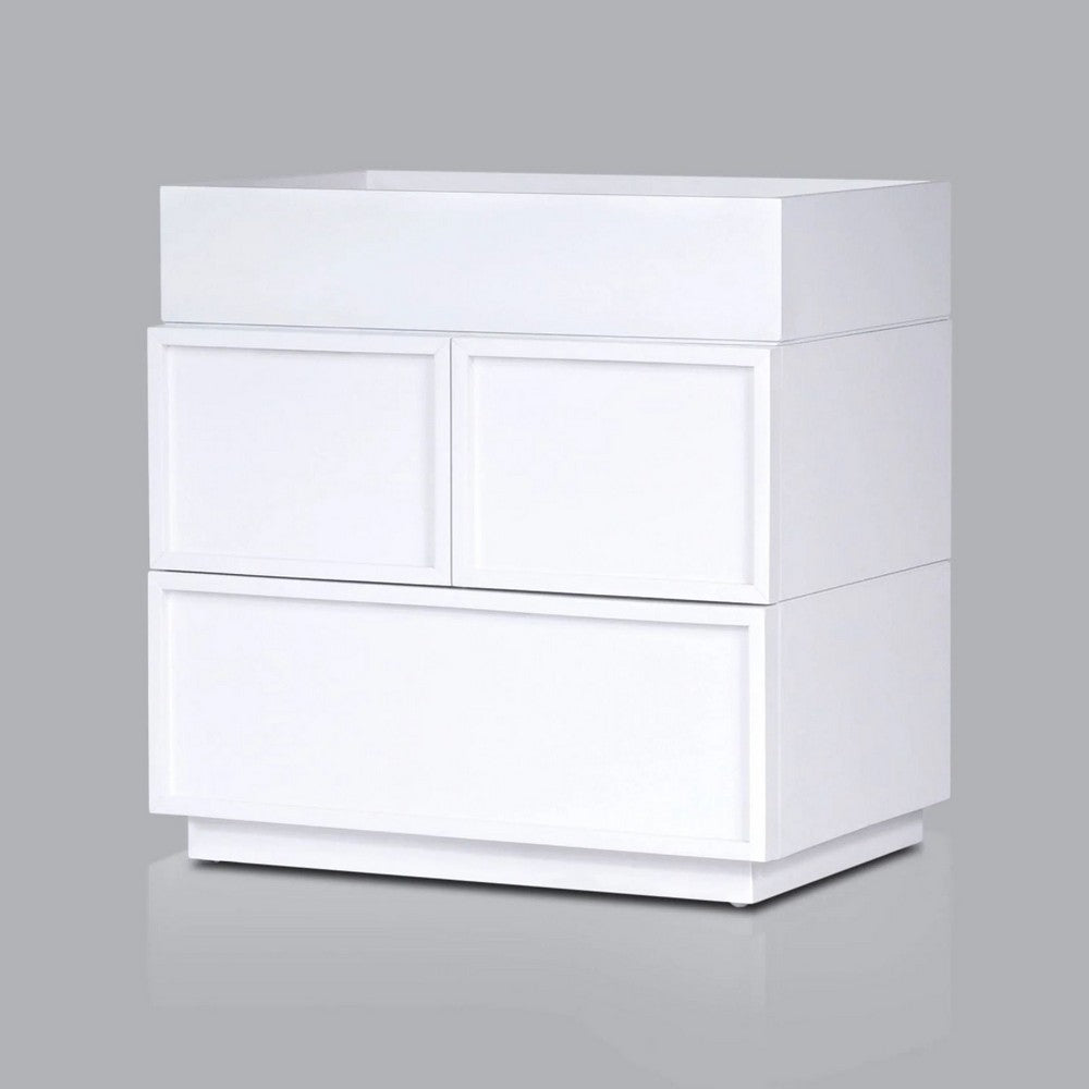 Benjara Sena Nightstand with Tray Top, 2 Soft Close Drawers, Glam White