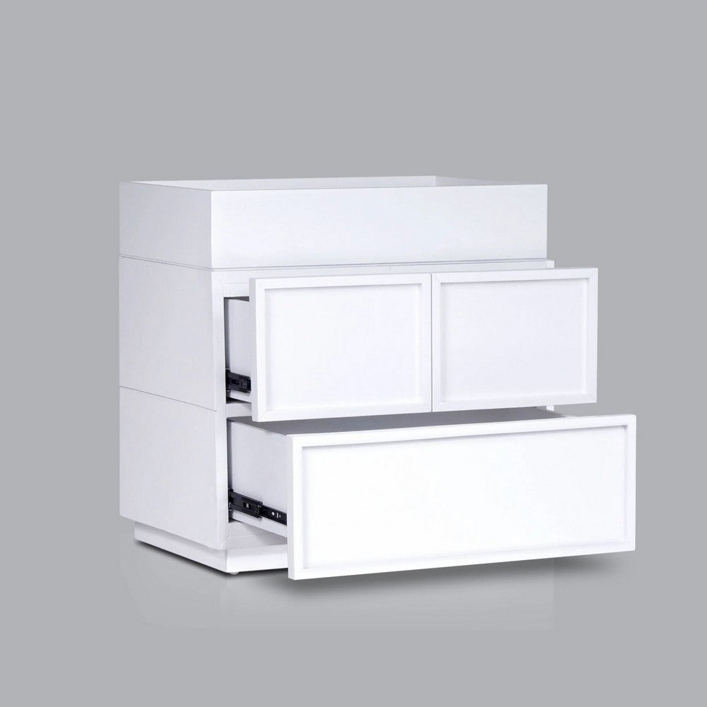 Benjara Sena Nightstand with Tray Top, 2 Soft Close Drawers, Glam White