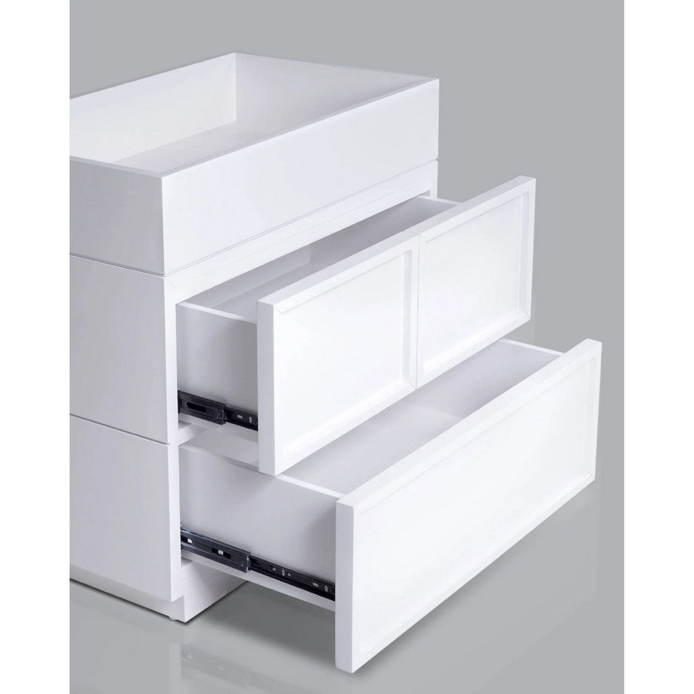Benjara Sena Nightstand with Tray Top, 2 Soft Close Drawers, Glam White