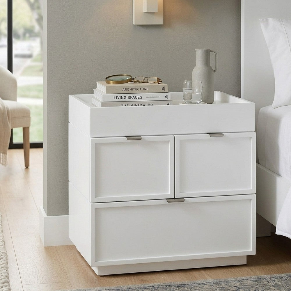 Benjara Sena Nightstand with Tray Top, 2 Soft Close Drawers, Glam White