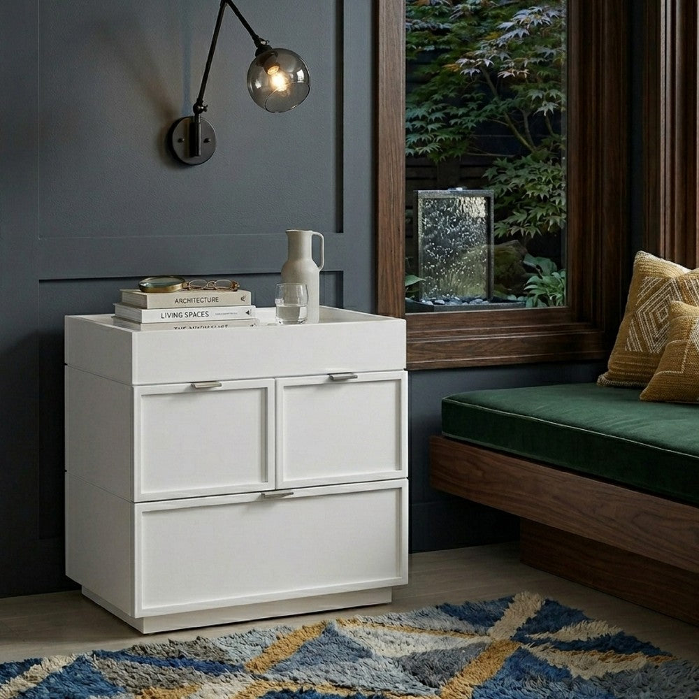 Benjara Sena Nightstand with Tray Top, 2 Soft Close Drawers, Glam White