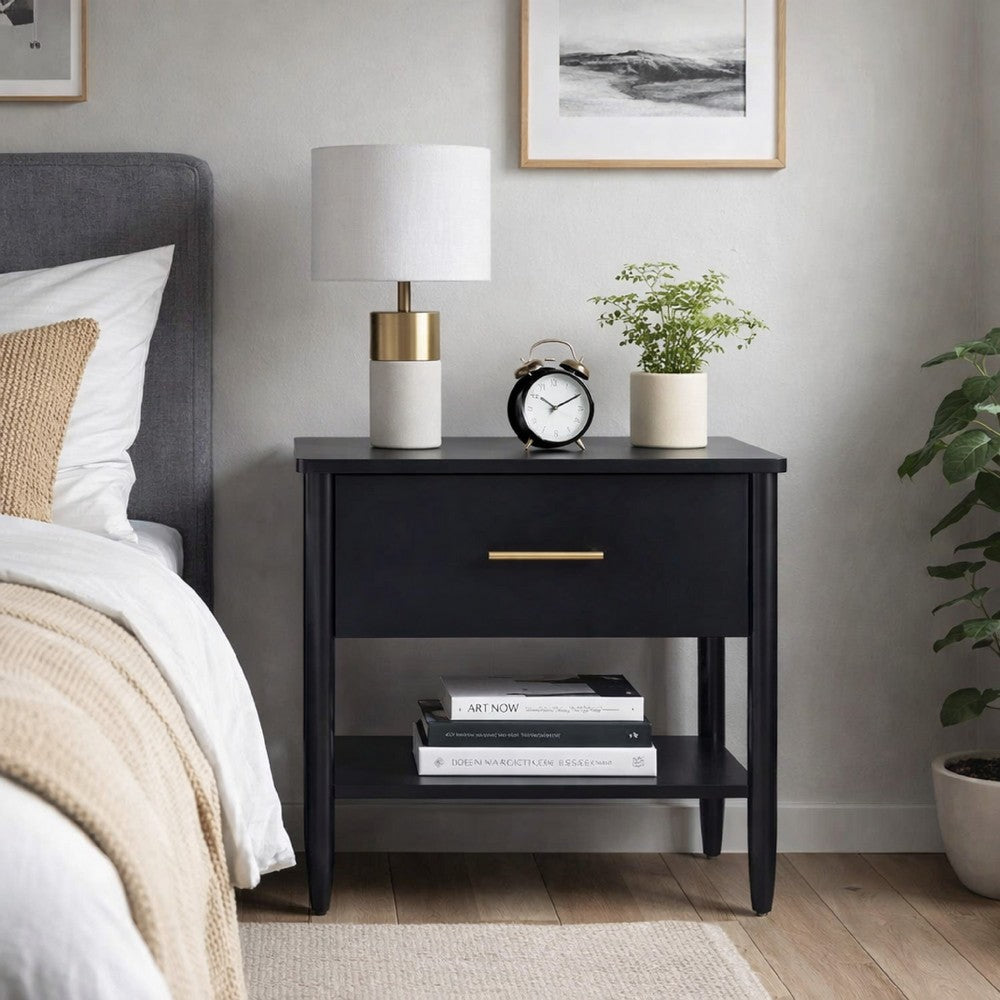 Benjara Lex Bedside Nightstand, 1 Drawer And Fixed Open Shelf, Black