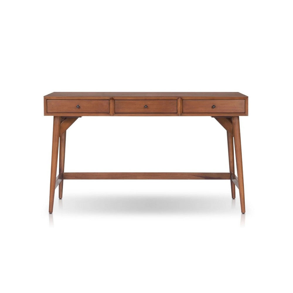 Benjara Ian Large Office Desk, 3 Felt Lined Drawers, Chestnut Brown Wood 52 Inch