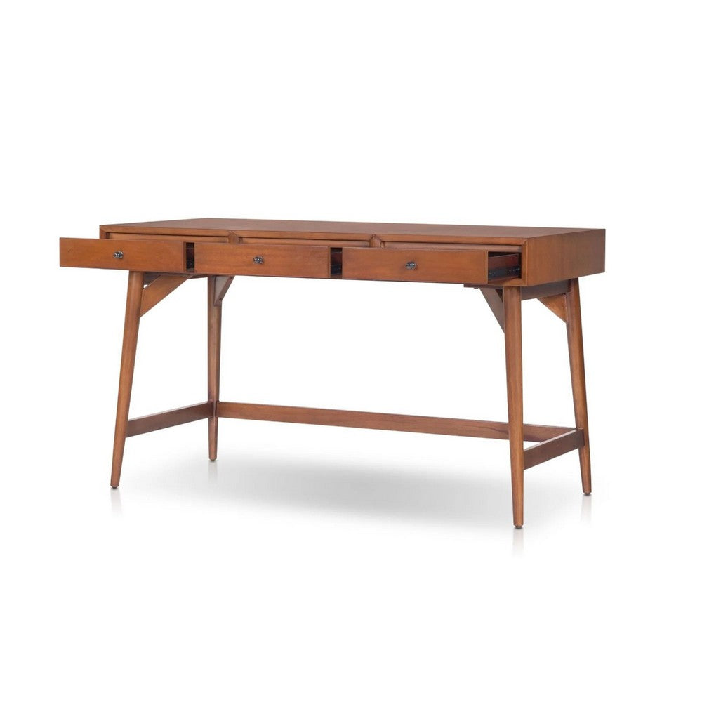 Benjara Ian Large Office Desk, 3 Felt Lined Drawers, Chestnut Brown Wood 52 Inch