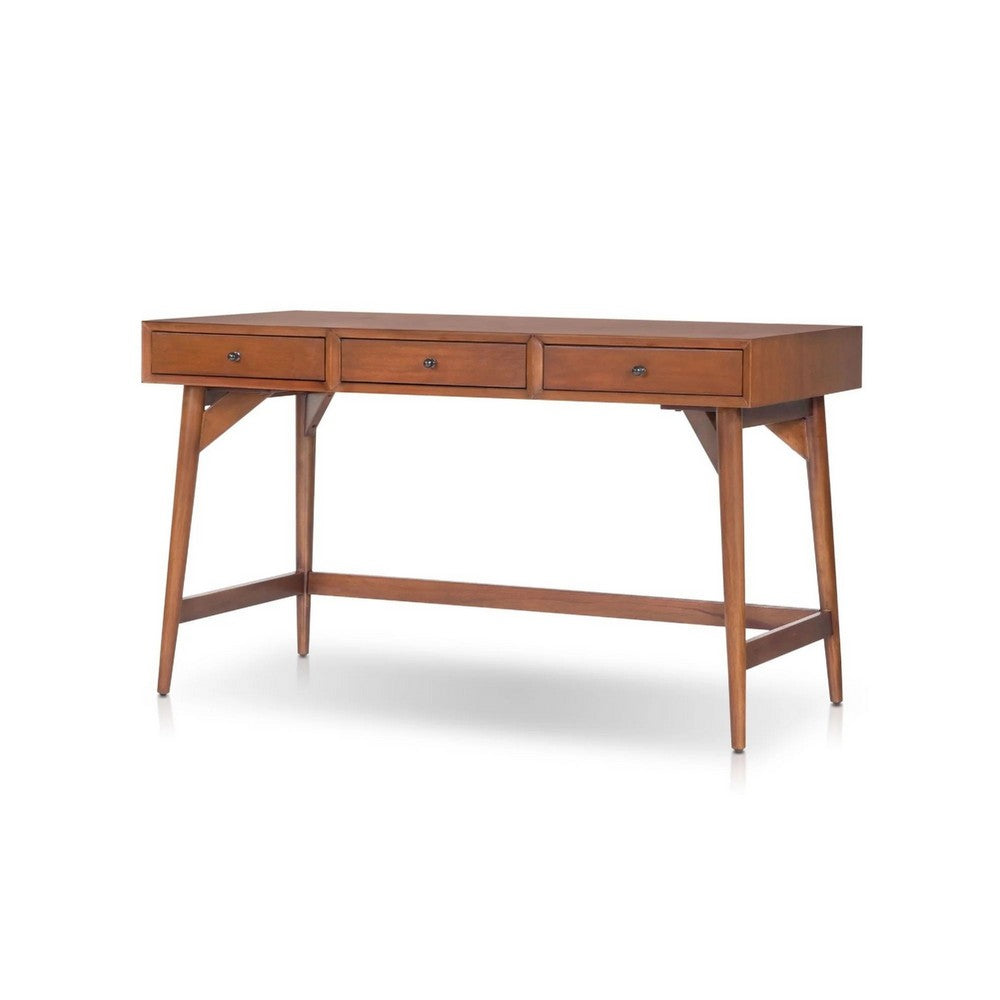 Benjara Ian Large Office Desk, 3 Felt Lined Drawers, Chestnut Brown Wood 52 Inch