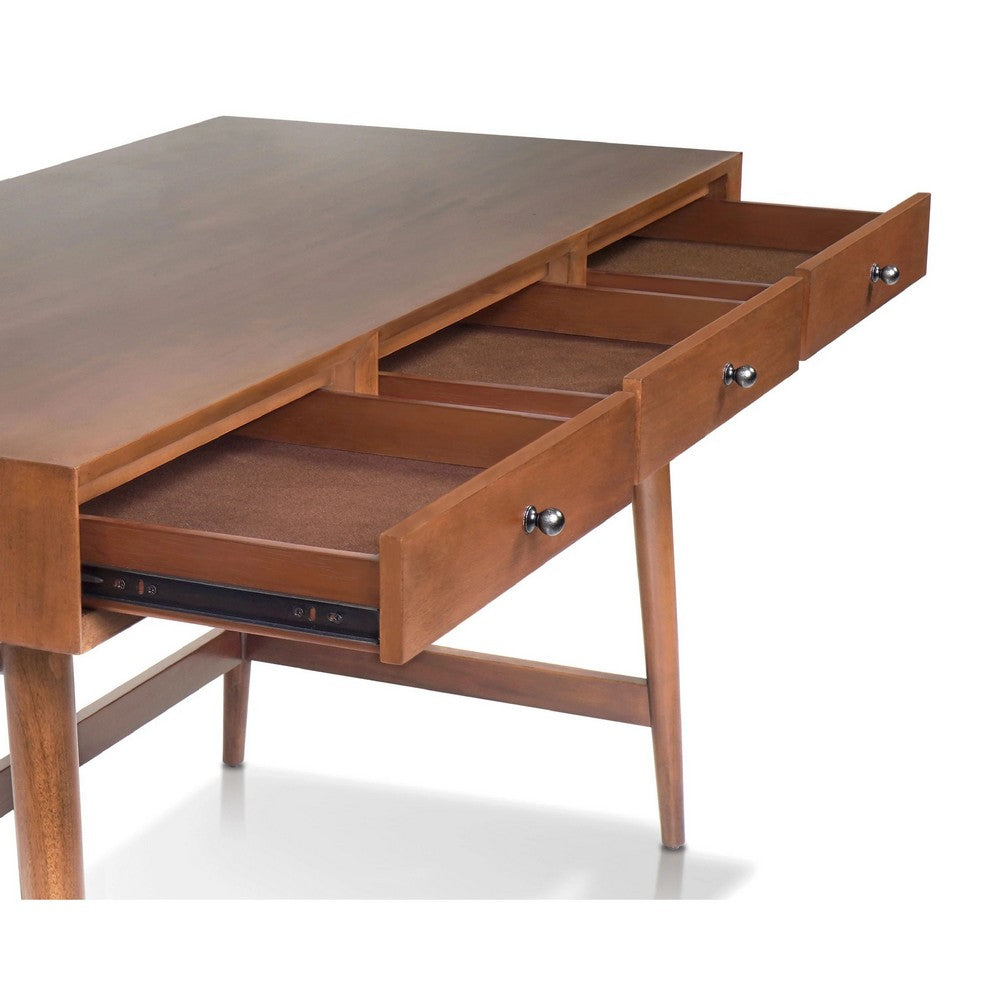 Benjara Ian Large Office Desk, 3 Felt Lined Drawers, Chestnut Brown Wood 52 Inch