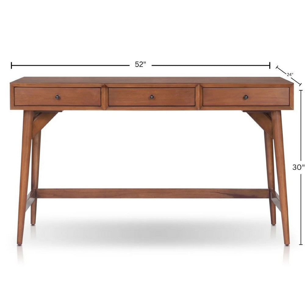 Benjara Ian Large Office Desk, 3 Felt Lined Drawers, Chestnut Brown Wood 52 Inch