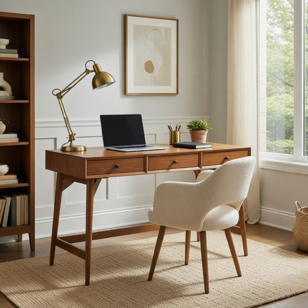 Benjara Ian Large Office Desk, 3 Felt Lined Drawers, Chestnut Brown Wood 52 Inch