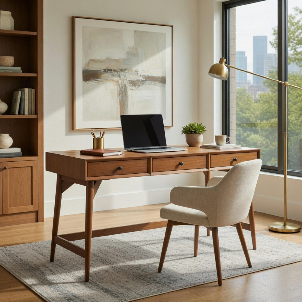 Benjara Ian Large Office Desk, 3 Felt Lined Drawers, Chestnut Brown Wood 52 Inch