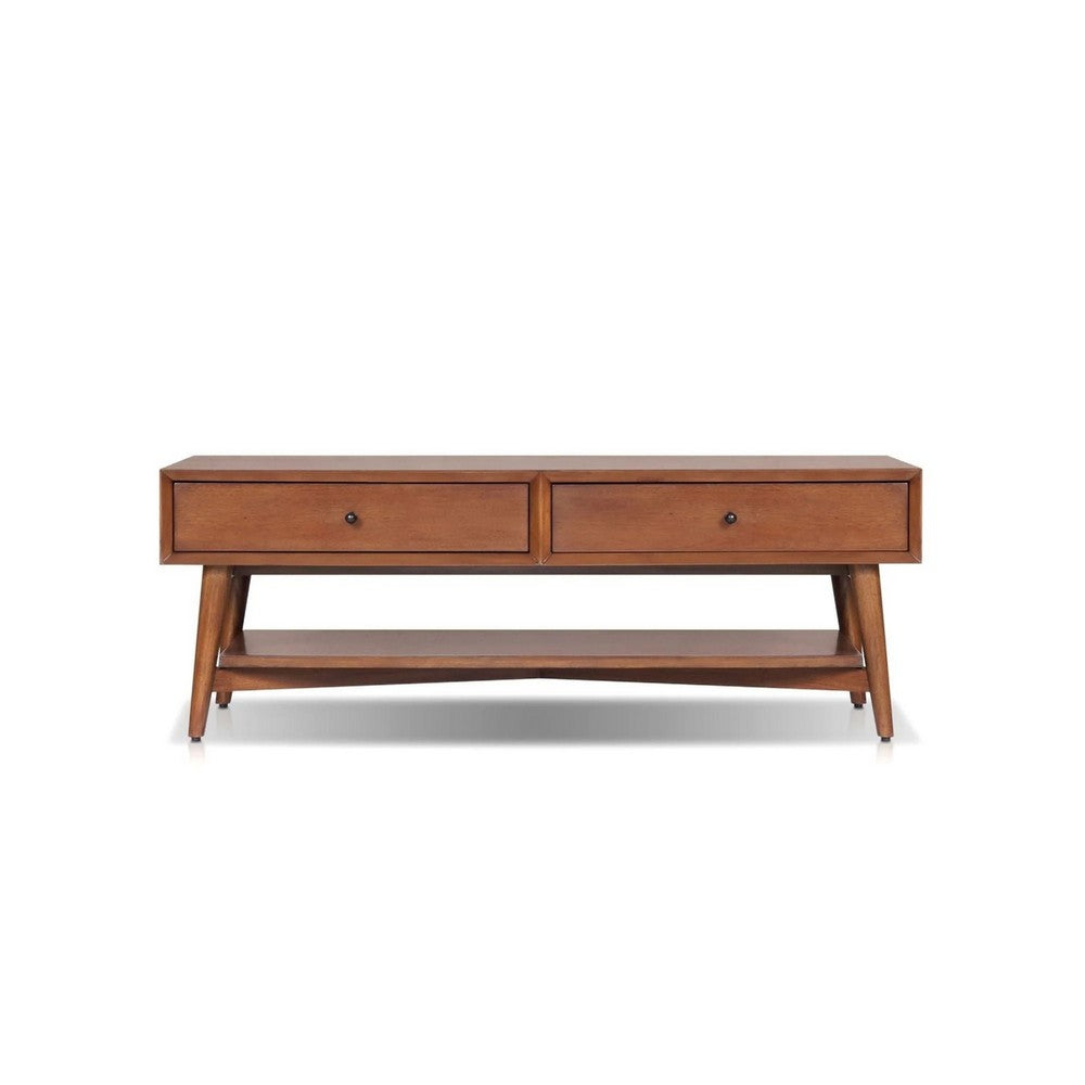 Benjara Ian Coffee Table, 2 Drawers And Shelf, Chestnut Brown 48 Inch Rectangular