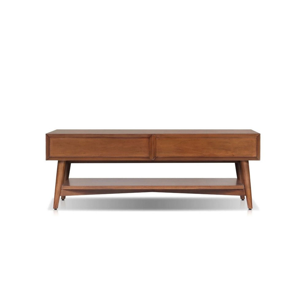 Benjara Ian Coffee Table, 2 Drawers And Shelf, Chestnut Brown 48 Inch Rectangular