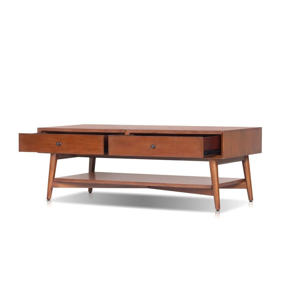 Benjara Ian Coffee Table, 2 Drawers And Shelf, Chestnut Brown 48 Inch Rectangular