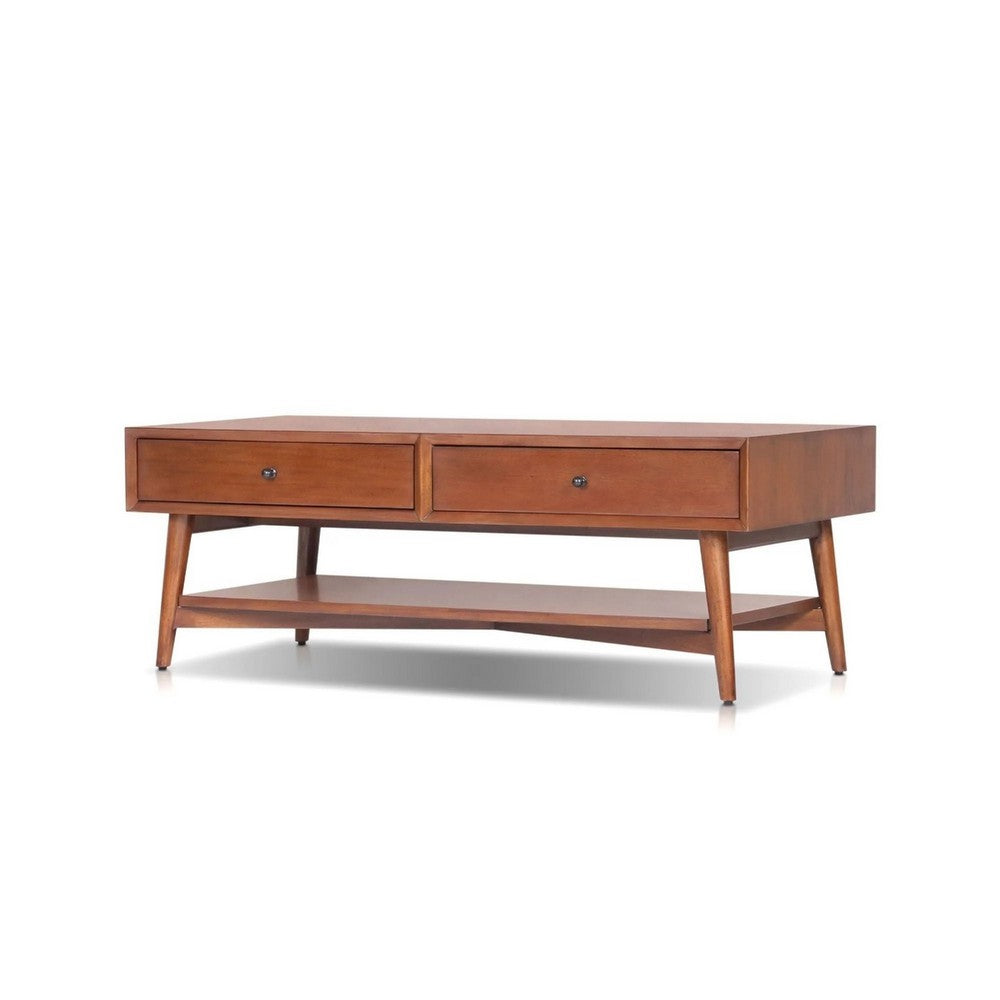 Benjara Ian Coffee Table, 2 Drawers And Shelf, Chestnut Brown 48 Inch Rectangular