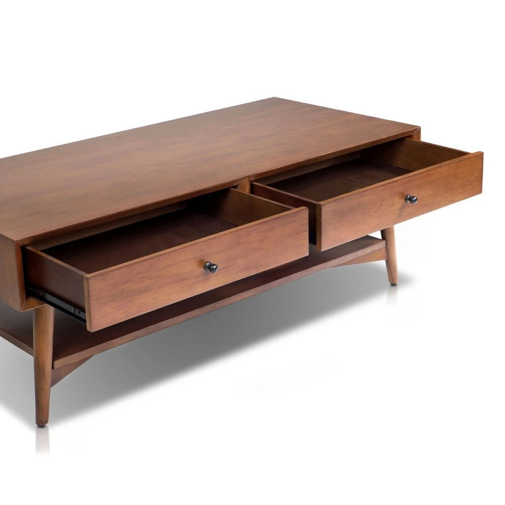 Benjara Ian Coffee Table, 2 Drawers And Shelf, Chestnut Brown 48 Inch Rectangular