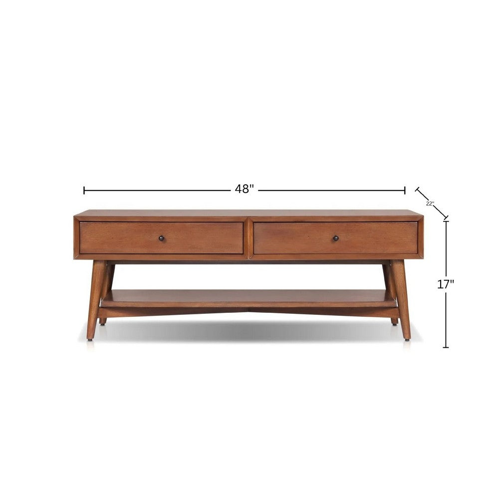 Benjara Ian Coffee Table, 2 Drawers And Shelf, Chestnut Brown 48 Inch Rectangular