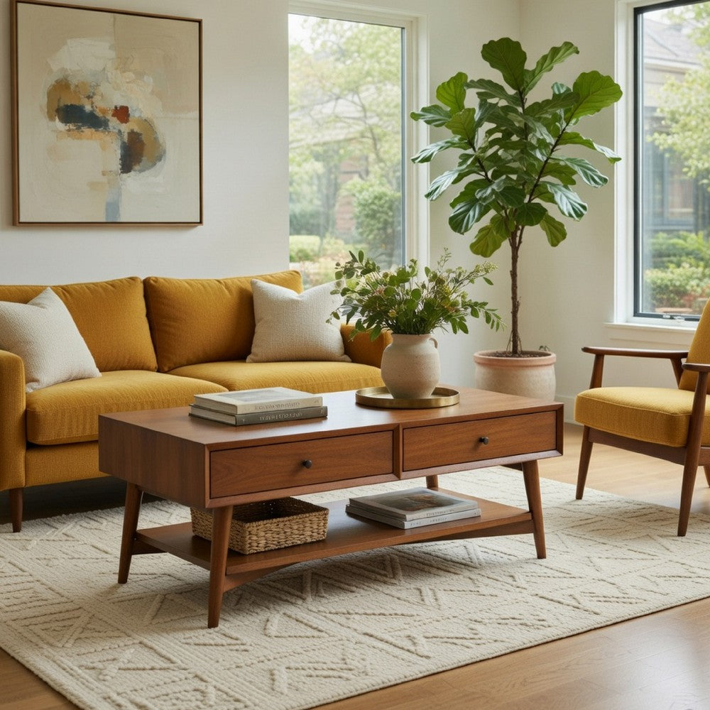 Benjara Ian Coffee Table, 2 Drawers And Shelf, Chestnut Brown 48 Inch Rectangular