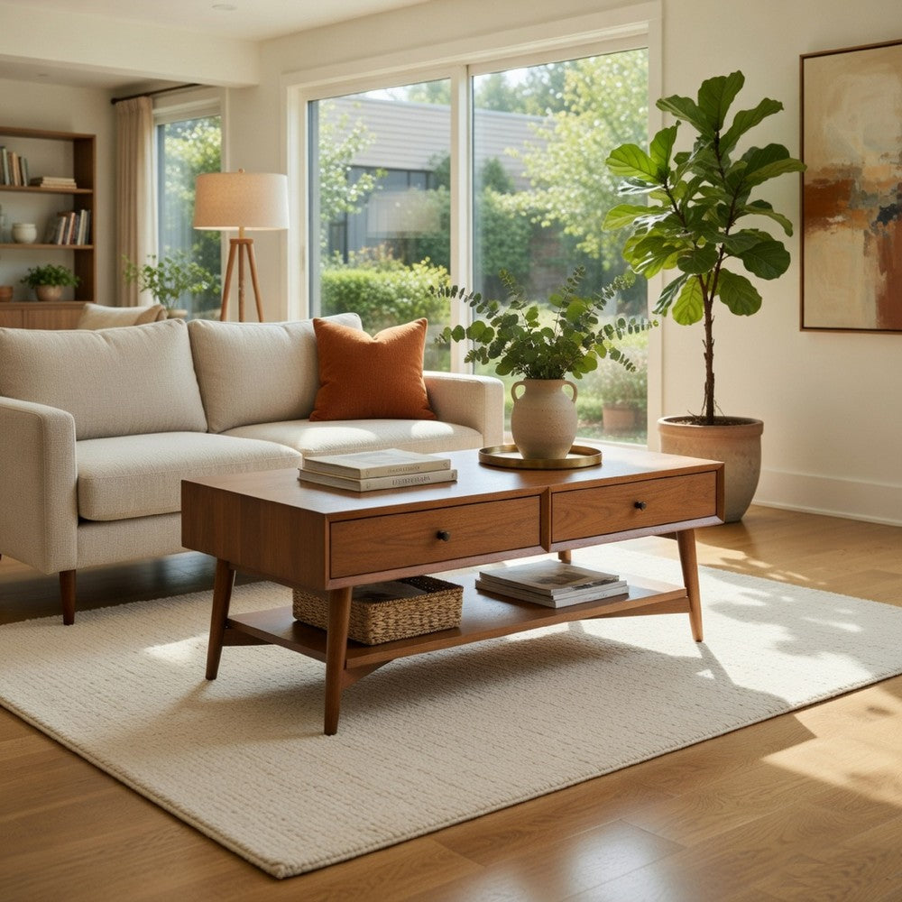 Benjara Ian Coffee Table, 2 Drawers And Shelf, Chestnut Brown 48 Inch Rectangular