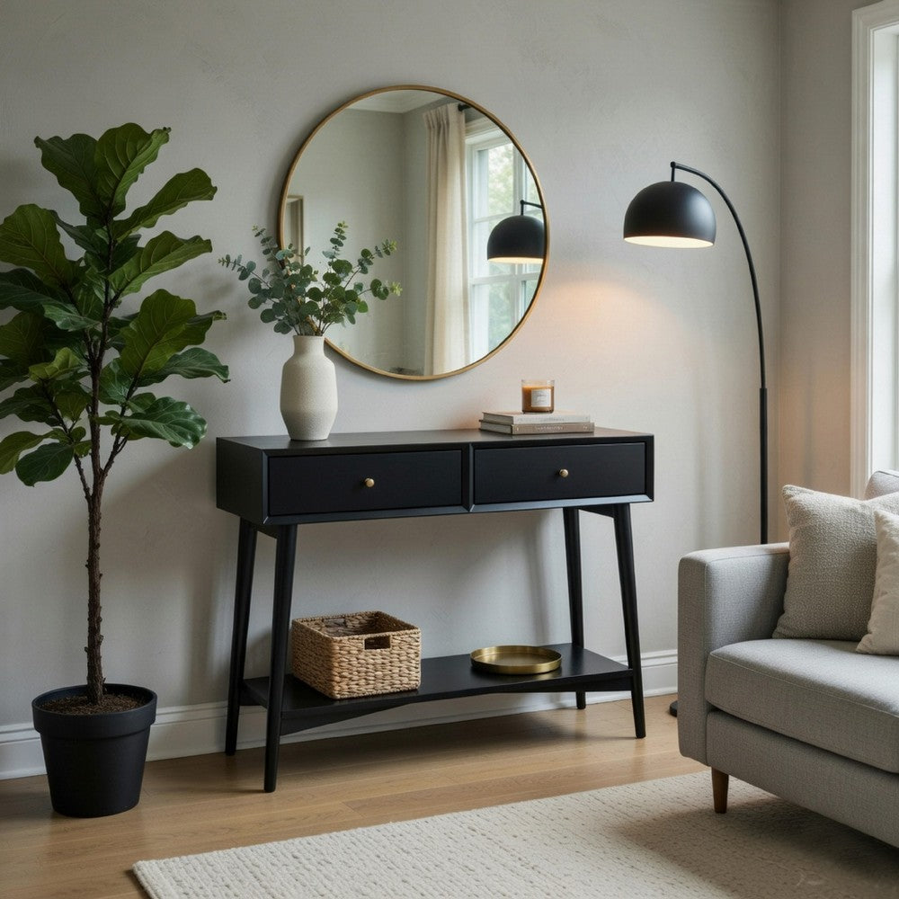 Benjara Ian Console Table, 2 Drawers w Shelf, Modern Black, 42 Inch Rectangular