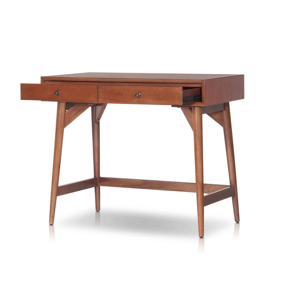 Benjara Ian Mini Office Desk, 2 Felt Lined Drawers, Chestnut Brown Wood 36 Inch