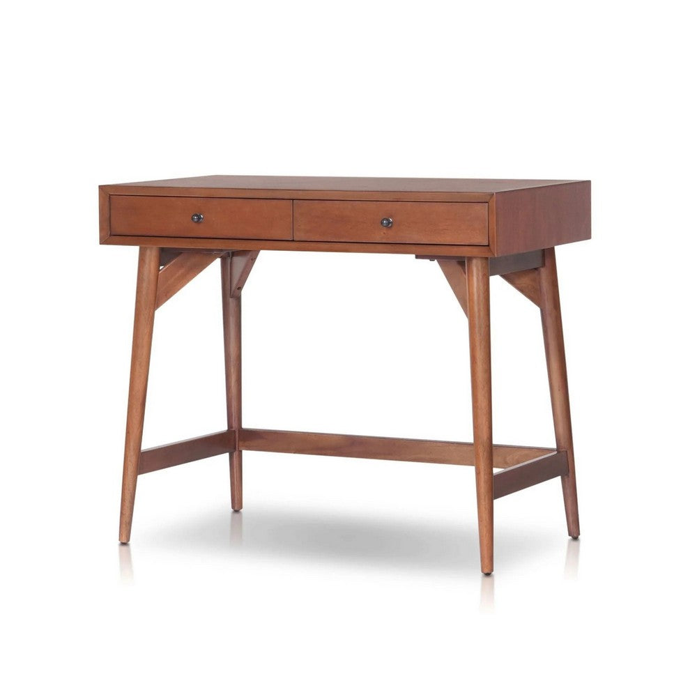 Benjara Ian Mini Office Desk, 2 Felt Lined Drawers, Chestnut Brown Wood 36 Inch