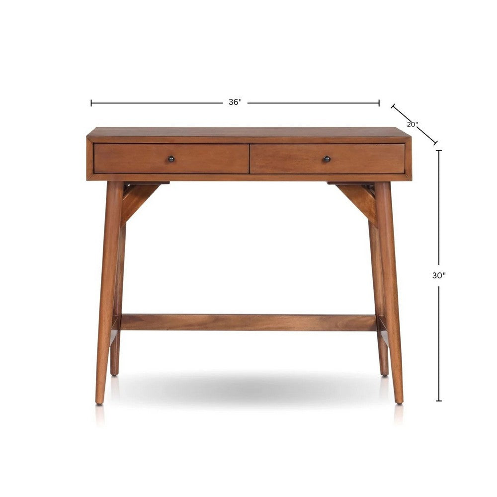 Benjara Ian Mini Office Desk, 2 Felt Lined Drawers, Chestnut Brown Wood 36 Inch