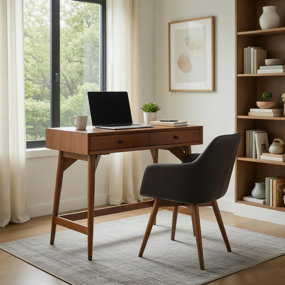 Benjara Ian Mini Office Desk, 2 Felt Lined Drawers, Chestnut Brown Wood 36 Inch