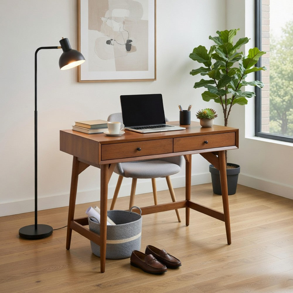Benjara Ian Mini Office Desk, 2 Felt Lined Drawers, Chestnut Brown Wood 36 Inch