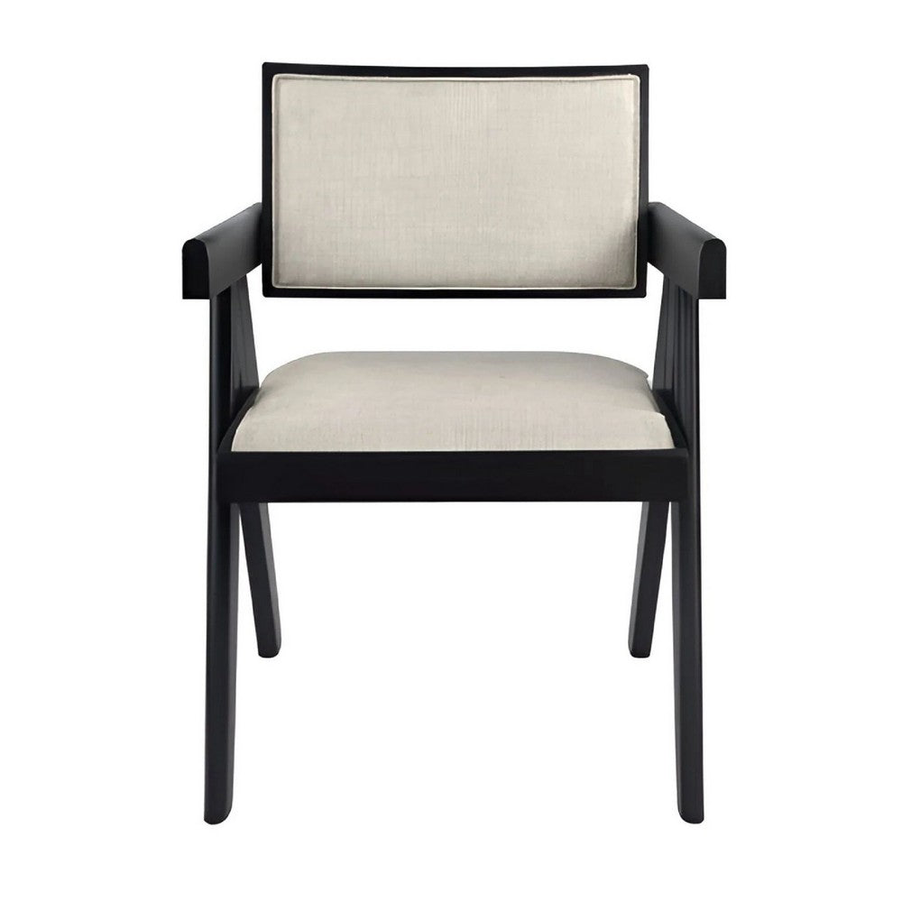 Benjara Hela Dining Chair Set of 2, Ivory Polyester Seat And Back, Black Wood